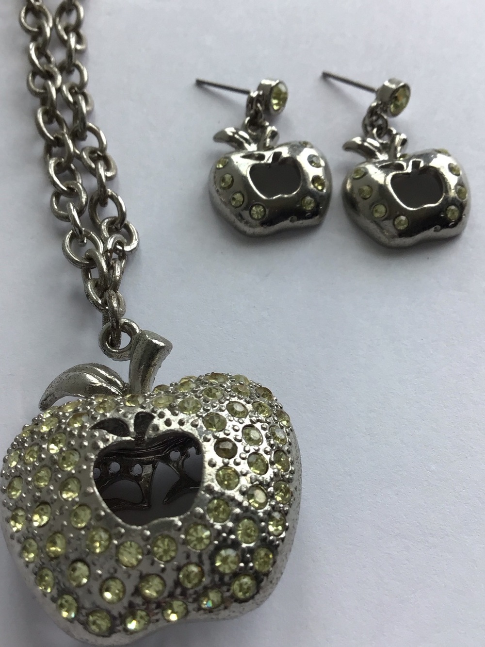 Apple Pendant Necklace & Earrings Set with Light Yellow Crystals